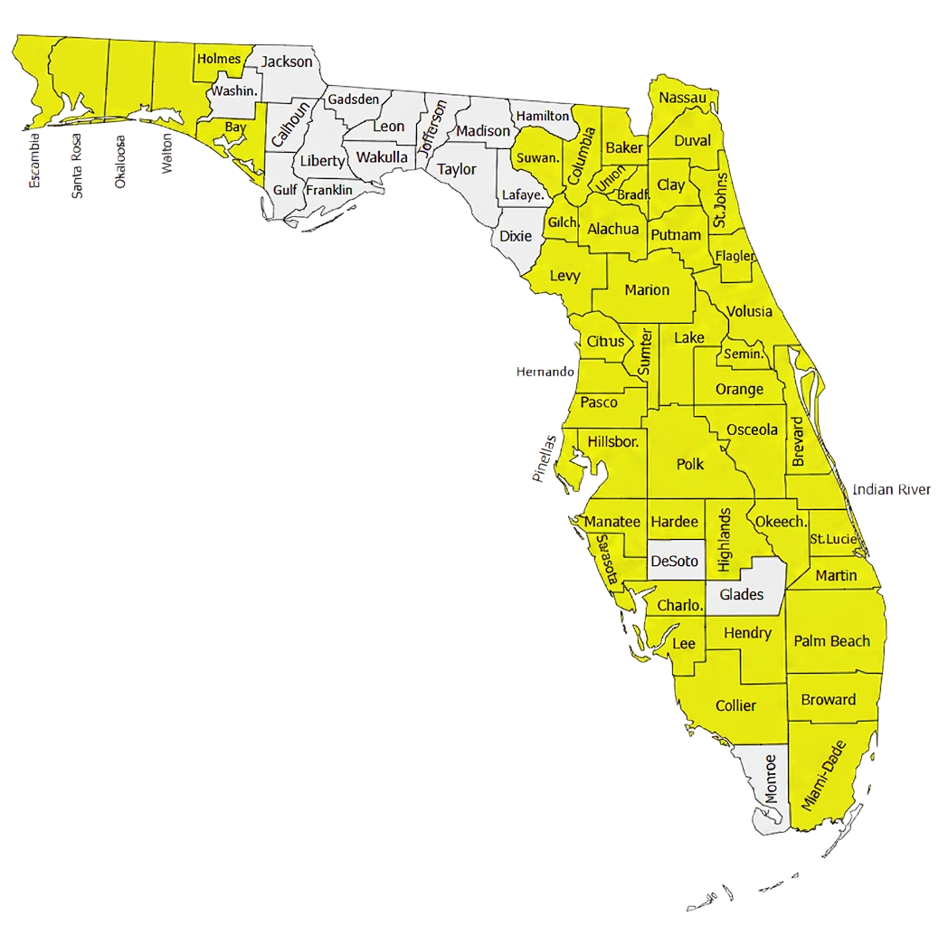 Map of Florida showing 50+ counties covered by 500+ in-home physical therapists.