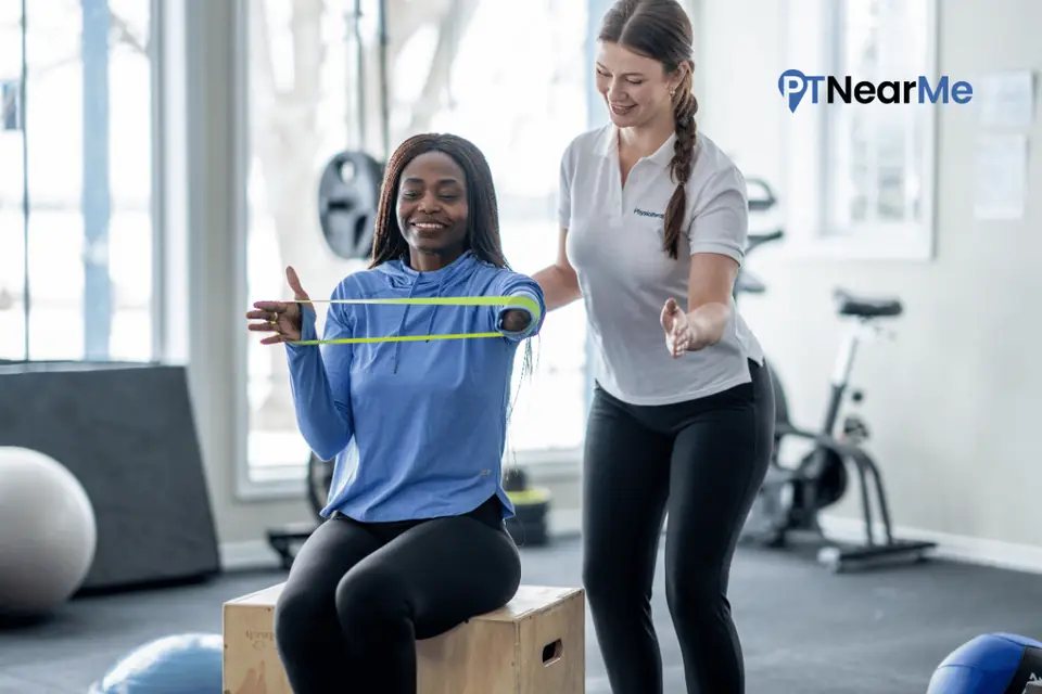 A licensed PT Near Me clinician guiding a Florida patient through an in-home physical therapy session after a car accident.
